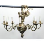 French cast brass eight branch chandelier, cast with three terms suspended beneath a chain, the drop