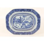 Chinese blue and white meat dish, Qianlong (1736-95), centred with a tall pagoda landscape, 25.5cm x
