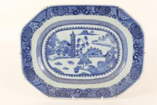 Chinese blue and white meat dish, Qianlong (1736-95), centred with a tall pagoda landscape, 25.5cm x