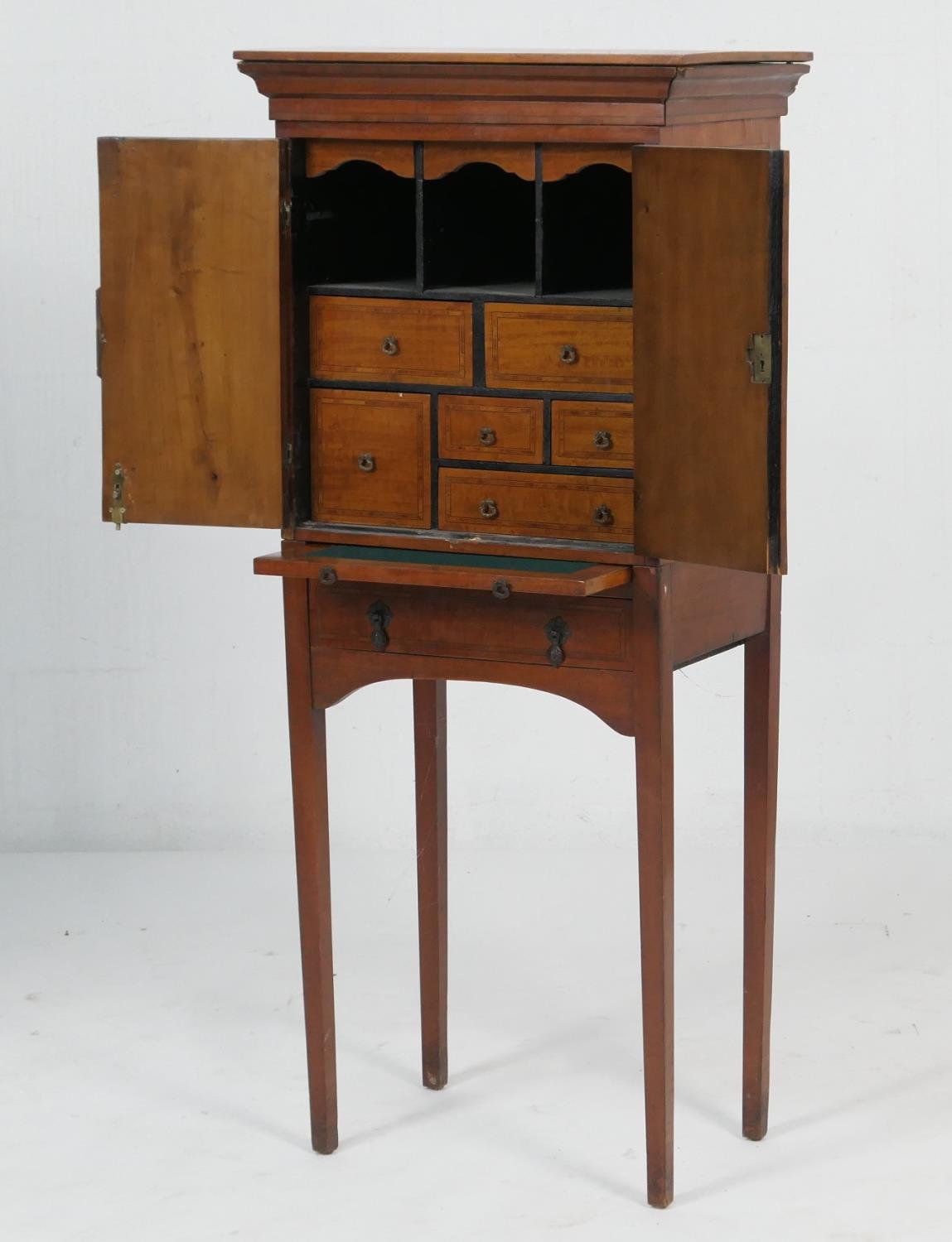 Late Victorian satinwood and inlaid bonheur de jour, having a lift up top over two doors inlaid with - Image 2 of 2