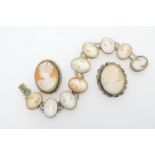 Carved shell cameo bracelet comprising nine cameos set in base metal; also two similar cameo