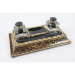 French boulle inkstand, late 19th Century, rectangular form supporting two heavy glass inkwells with
