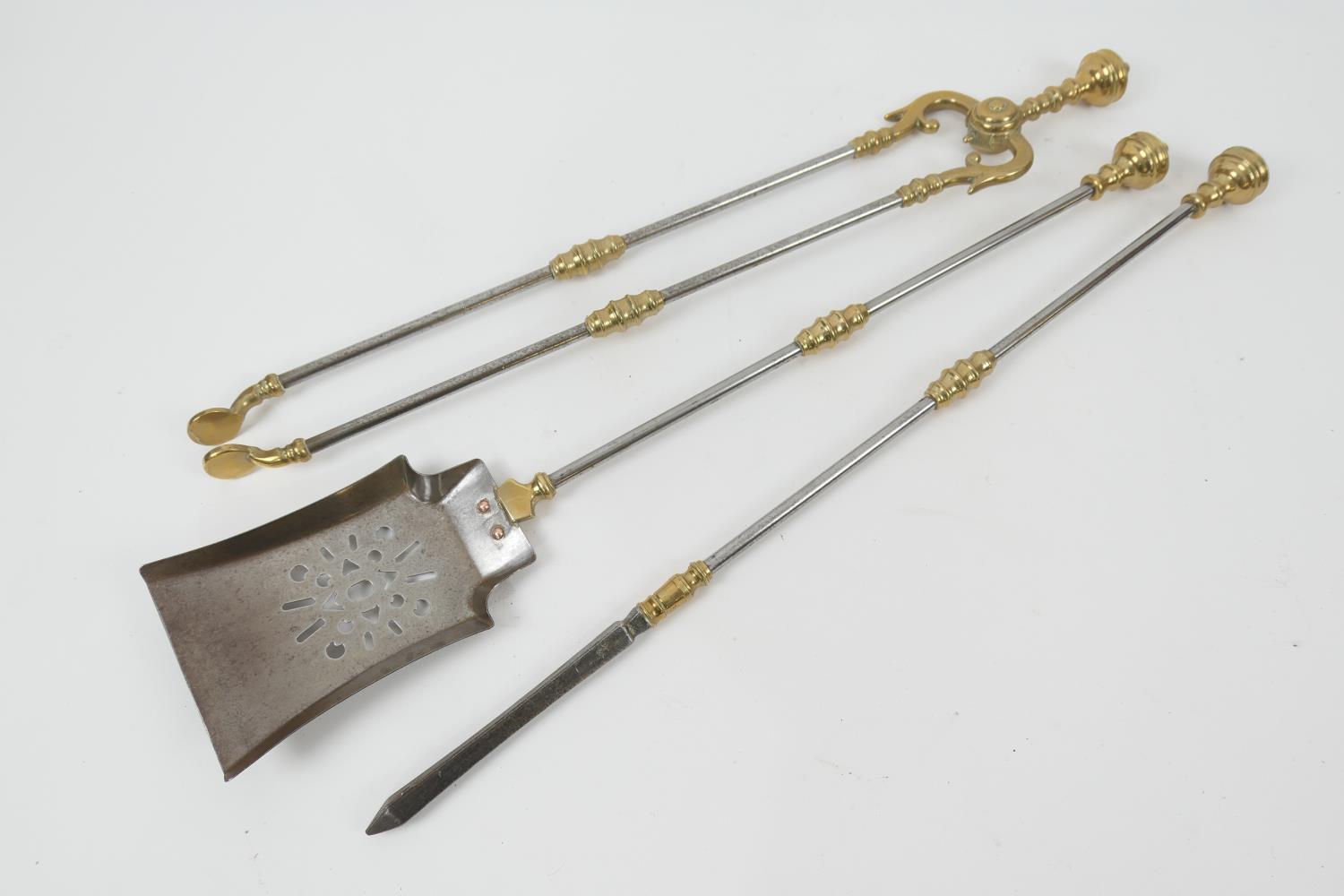 Victorian set of three steel and brass fire irons, 72cm