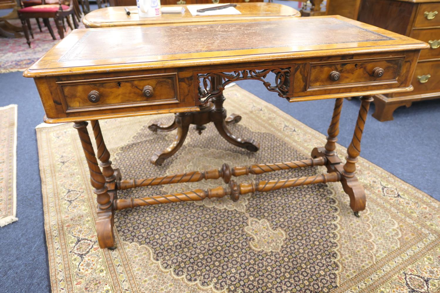 Victorian burr walnut kneehole writing table, with tooled leather inset top, over a fretwork - Image 11 of 12