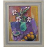Neville Fleetwood (b. 1932), Still life of narcissus in a green vase, oil on board, signed, 60cm x