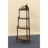 Victorian mahogany corner whatnot, with four graduating shelves supported on barleytwist columns and