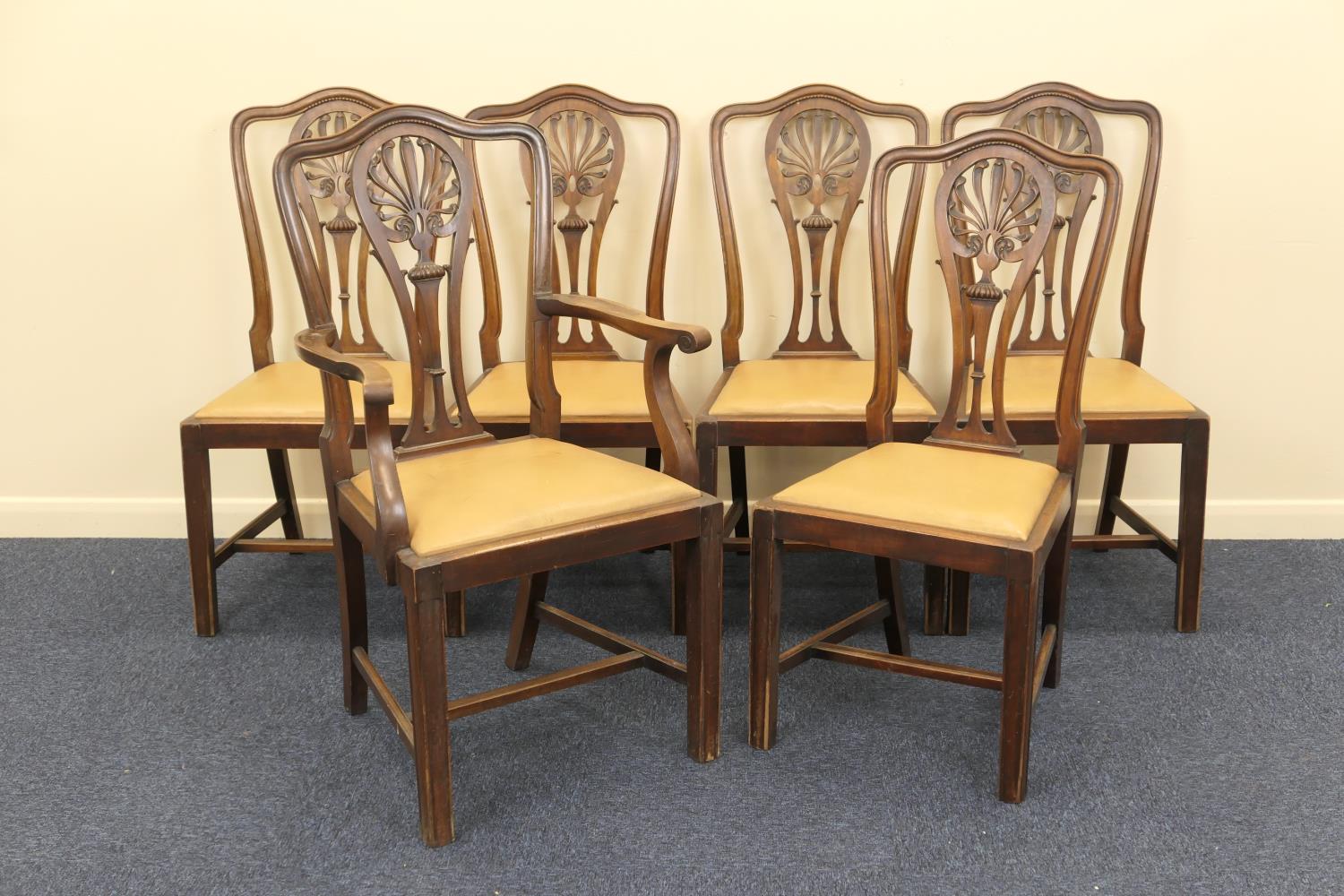 Set of six Edwardian mahogany dining chairs (5 + 1), in the Georgian style, each with an anthemion