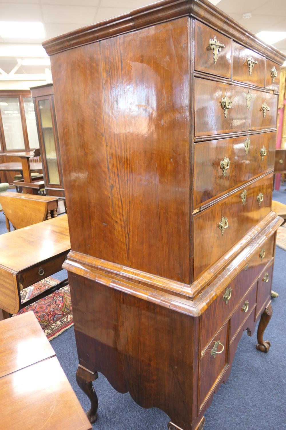 Walnut chest on stand, early 18th Century and later, the top with moulded cornice over three short - Image 13 of 18