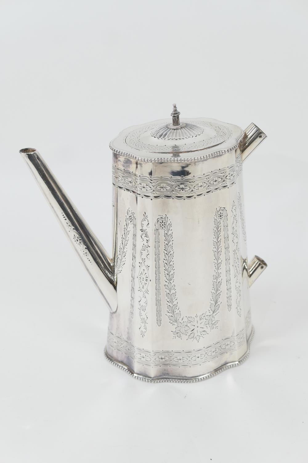 Victorian silver coffee pot, maker Robert Harper, London 1871, tapered and fluted oval form engraved