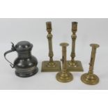 Pair of George III brass square column candlesticks, circa 1780-1800, height 26.5cm; also a