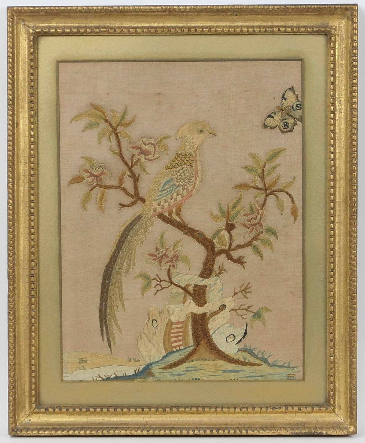 Late George III silk work embroidery, late 18th/early 19th Century, featuring an exotic pheasant