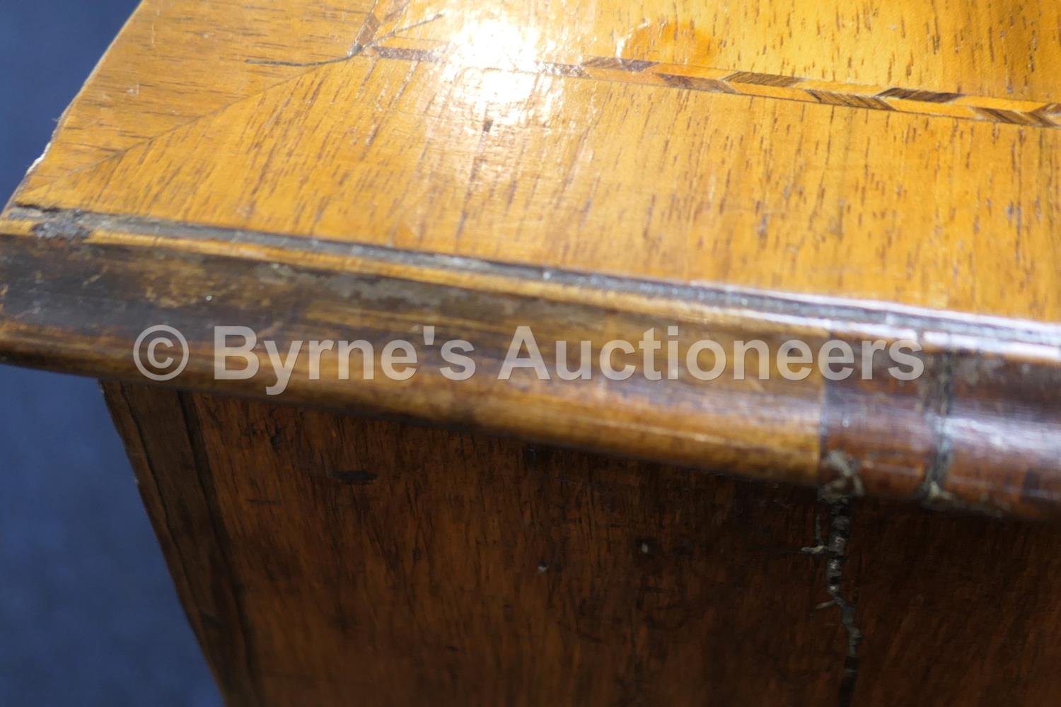 Walnut inlaid kneehole desk, 18th Century, quarter veneered top crossbanded and with ebony and - Image 20 of 23