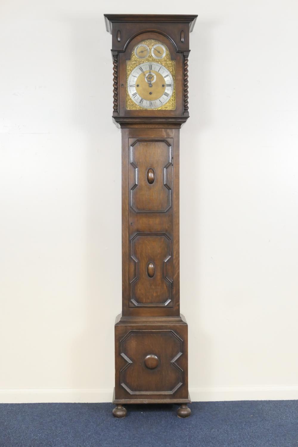 George V oak musical chiming eight day longcase clock, by Russells Ltd, Liverpool, the hood with