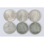 Two USA Liberty dollars, 1846 (F) and 1847 (F); a trade dollar, 1878 (VF); two Morgan dollars,