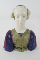 Italian painted terracotta bust by Dolfi Otello, modelled as a Medieval woman decorated in