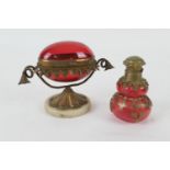 French double gourd ruby glass scent bottle, mounted in brass, circa 1900, height 17cm; also a