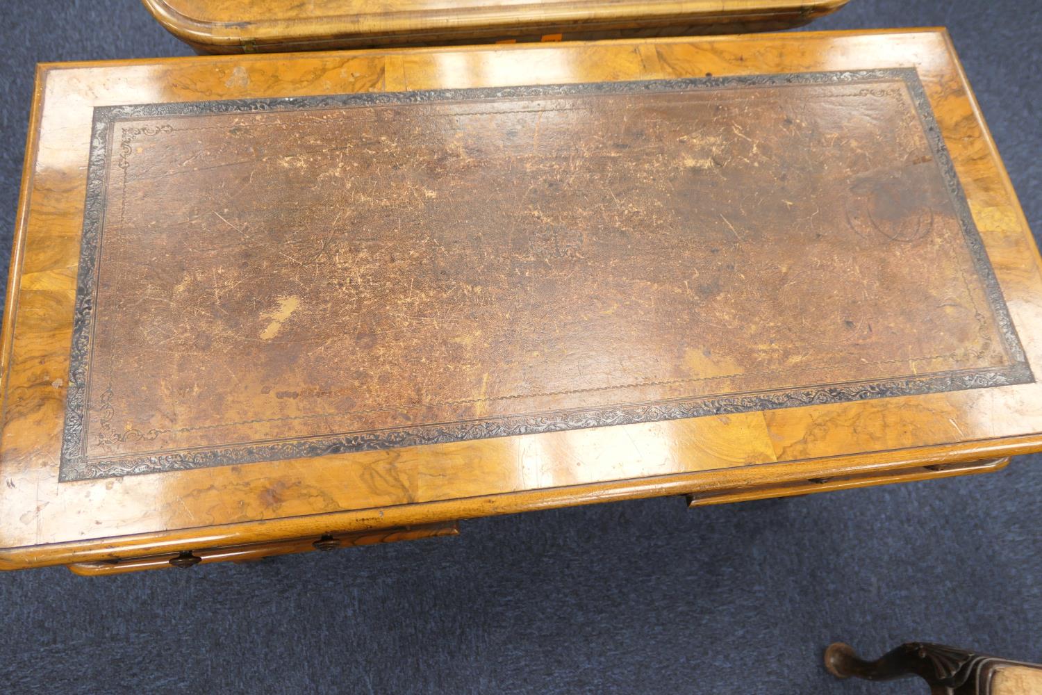 Victorian burr walnut kneehole writing table, with tooled leather inset top, over a fretwork - Image 2 of 12