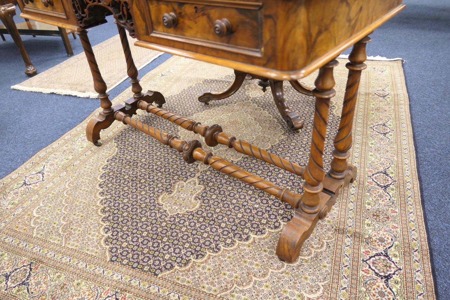 Victorian burr walnut kneehole writing table, with tooled leather inset top, over a fretwork - Image 9 of 12