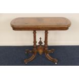 Victorian burr walnut and inlaid folding card table, circa 1860, the top with boxwood and ebony