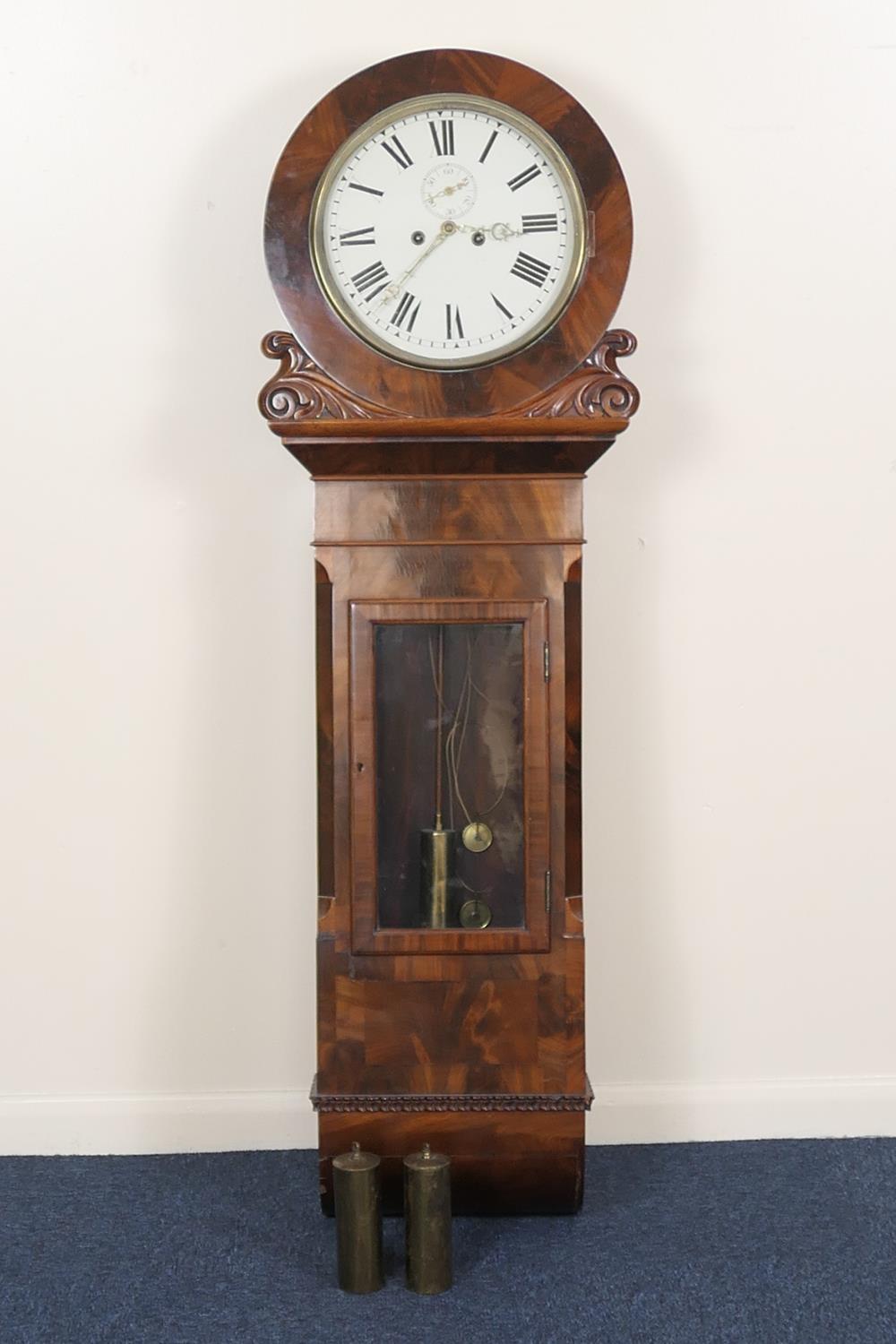 Early Victorian mahogany eight day drop trunk wall clock, painted circular 14'' dial with subsidiary