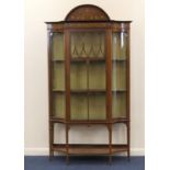 Late Victorian mahogany and inlaid breakfront display cabinet, circa 1890, having an upper frieze
