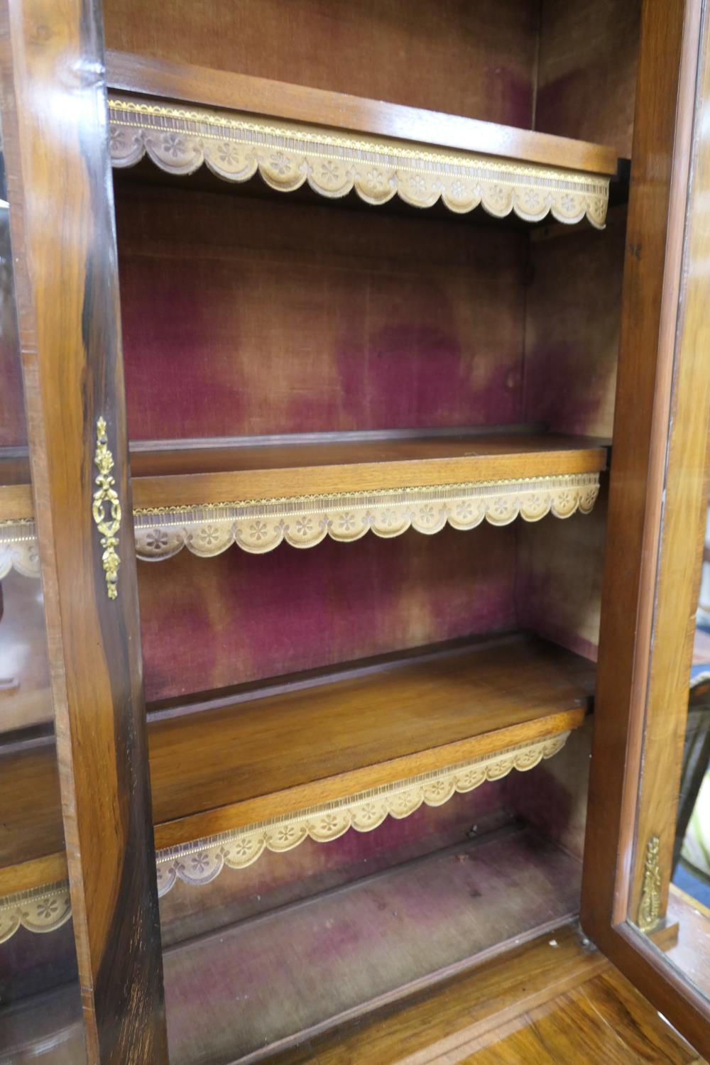 Victorian walnut and inlaid bookcase cabinet, circa 1870, having two glazed upper doors opening to - Image 9 of 13