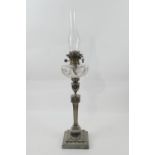 Edwardian silver plated pedestal oil lamp, by Walker & Hall,having a cut glass tank over an Adam