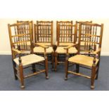 Set of eight traditional Lancashire spindle back ash dining chairs, comprising two carvers and six