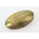 Named and dated brass snuff box, of oval form inscribed 'James McGrath' dated 1922, 7.5cm x 4cm