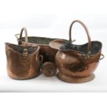 Victorian copper fish kettle, twin handled oval form, 63cm; also a copper riveted coal bucket, 33cm;