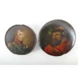 Two papier mache portrait snuff boxes, early 19th Century, one decorated with the bust of a young