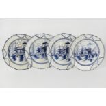 Set of four pearlware plates, circa 1800, each decorated with a chinoiserie design featuring a