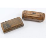 Unusual burr wood snuff box, octagonal cylinder form inset with ebony line detail, 8.5cm; also a