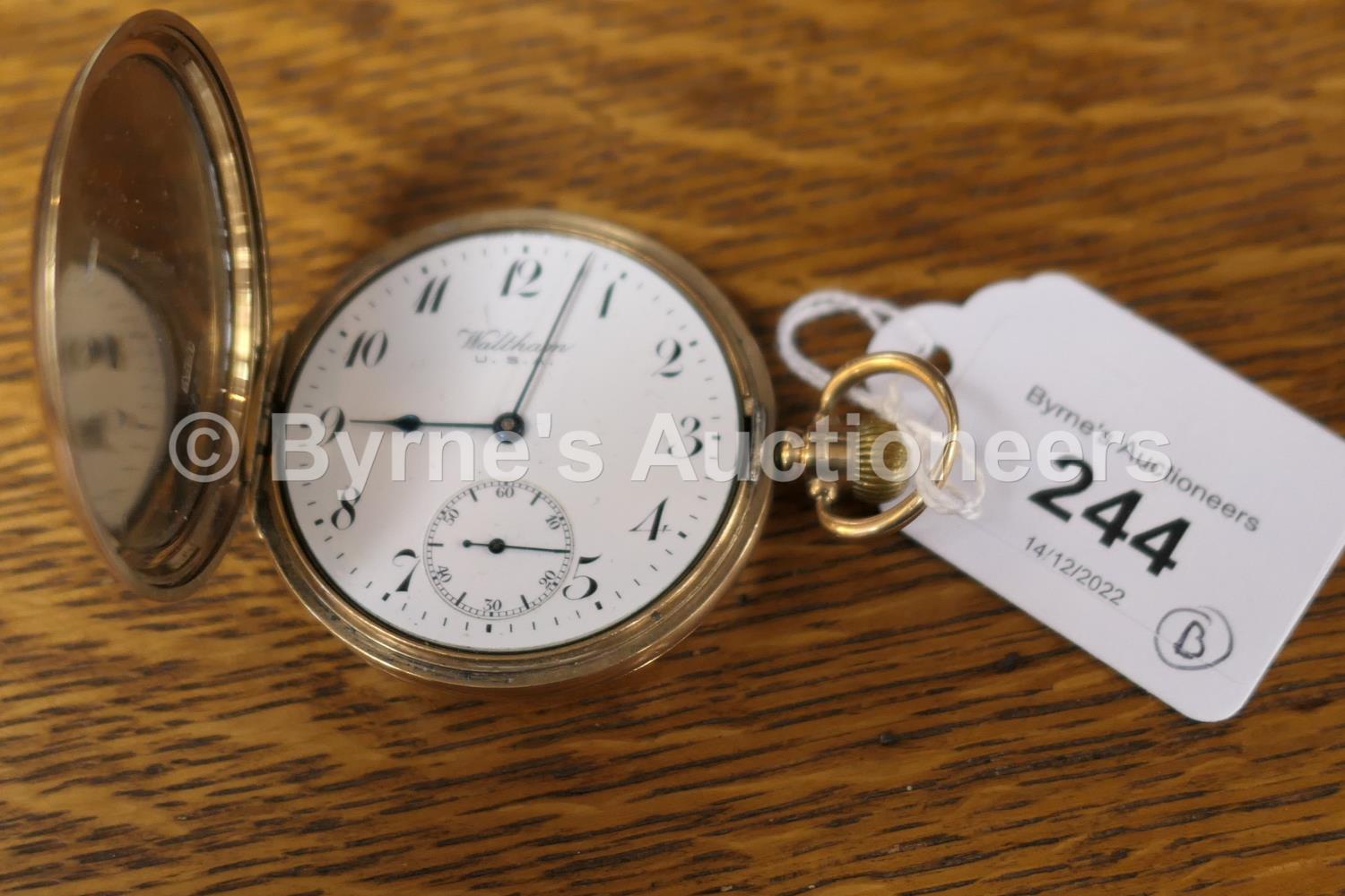 Waltham 9ct gold cased hunter pocket watch, the outer case engraved with a monogram, white dial with - Image 2 of 5