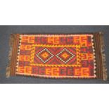 Kilim flat weave woollen rug, allover bold geometric design in ochre, madder and black, 105cm x