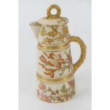 Royal Worcester gilded foliate jug, circa 1889, the cover with a ring handle, tapered body relief