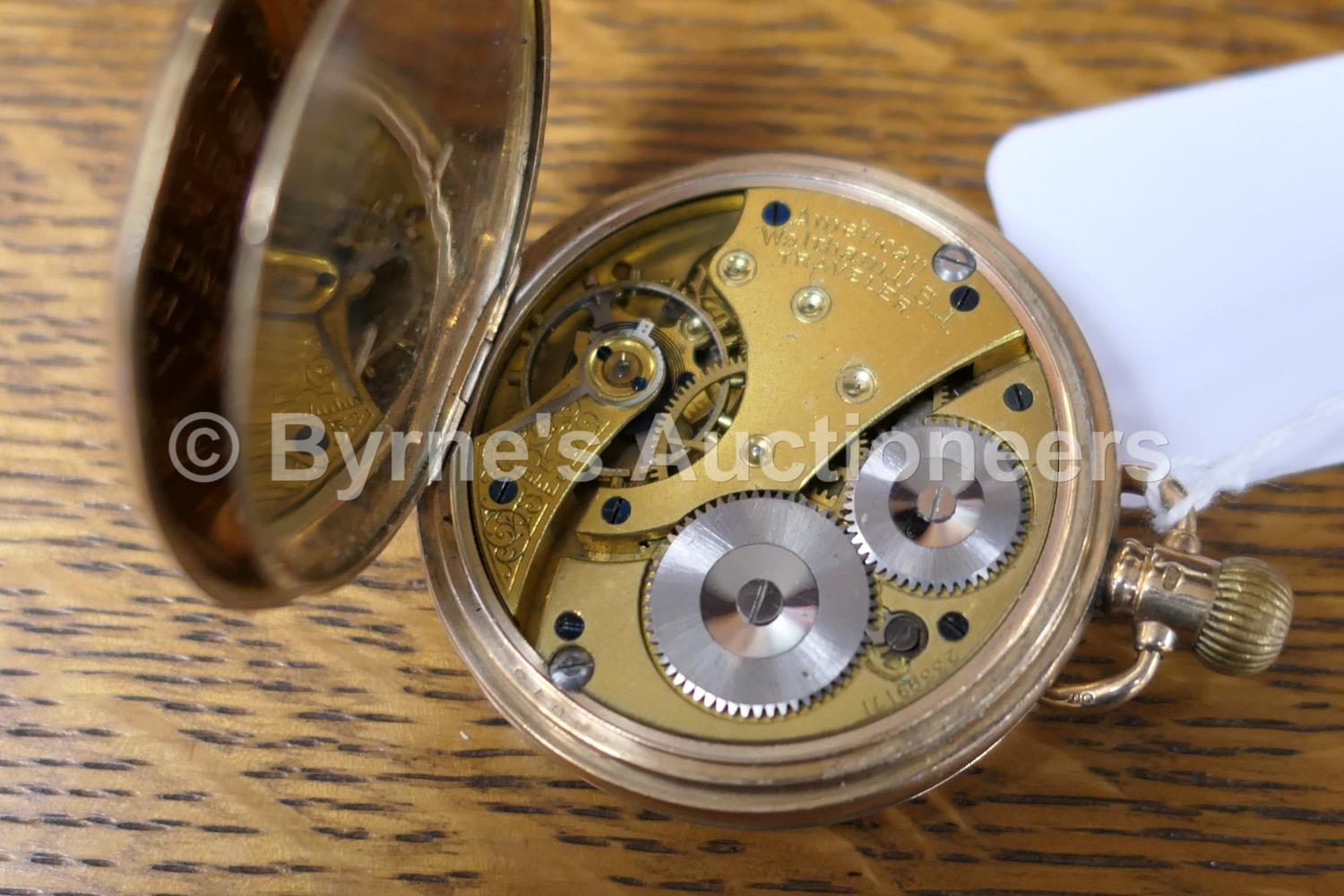 Waltham 9ct gold cased hunter pocket watch, the outer case engraved with a monogram, white dial with - Image 5 of 5