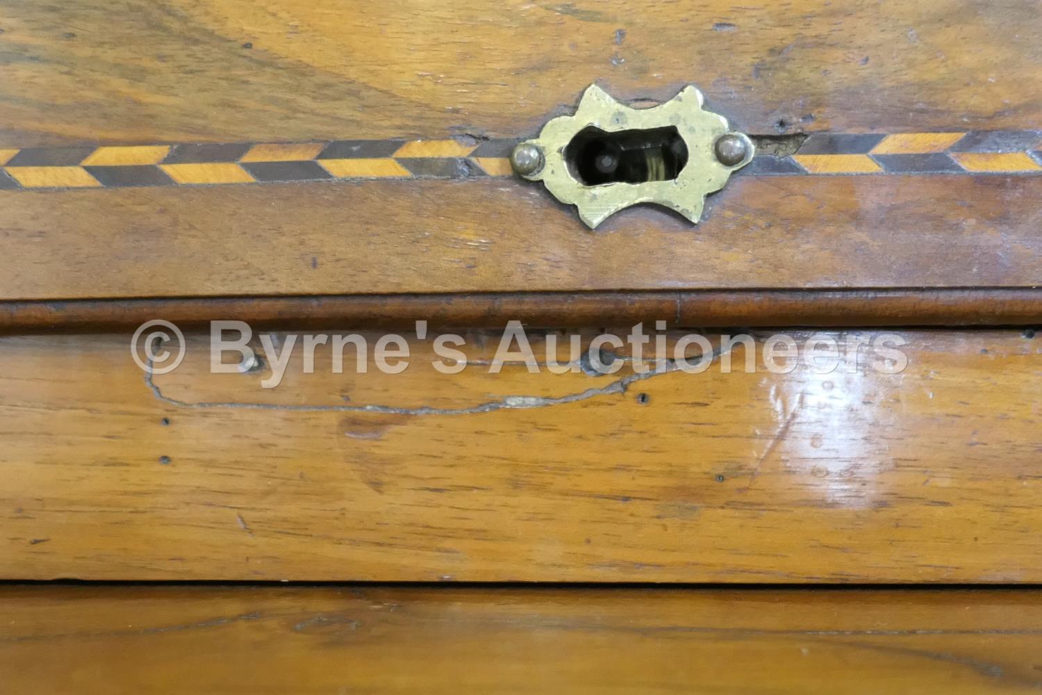 Walnut inlaid kneehole desk, 18th Century, quarter veneered top crossbanded and with ebony and - Image 14 of 23