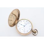 Waltham 9ct gold cased hunter pocket watch, the outer case engraved with a monogram, white dial with