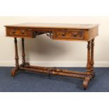 Victorian burr walnut kneehole writing table, with tooled leather inset top, over a fretwork