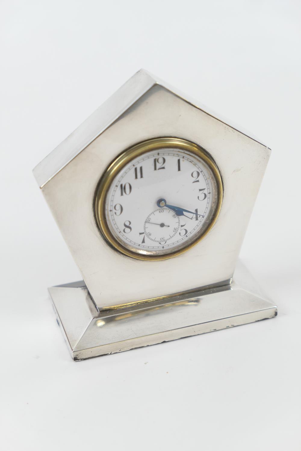 Art Deco style silver dressing table clock, maker B&Co., Birmingham 1922, having a white enamelled