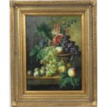 Modern School, Still life of fruits in a basket on a ledge, after the Dutch Old Masters, oil on