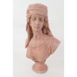 Terracotta bust of a young woman in the Victorian Romantic style, height 58cm