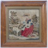 Victorian gross point needlework tapestry depicting a girl feeding a goat, 33cm square, mounted