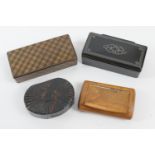 Tartanware snuff box, 8.5cm x 4cm; also a Victorian papier mache and pewter inlaid snuff box, 8cm