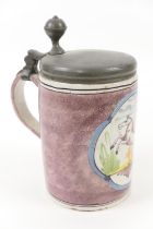 Brussels faience pewter lidded tankard, 18th Century, decorated with a panel depicting a prancing