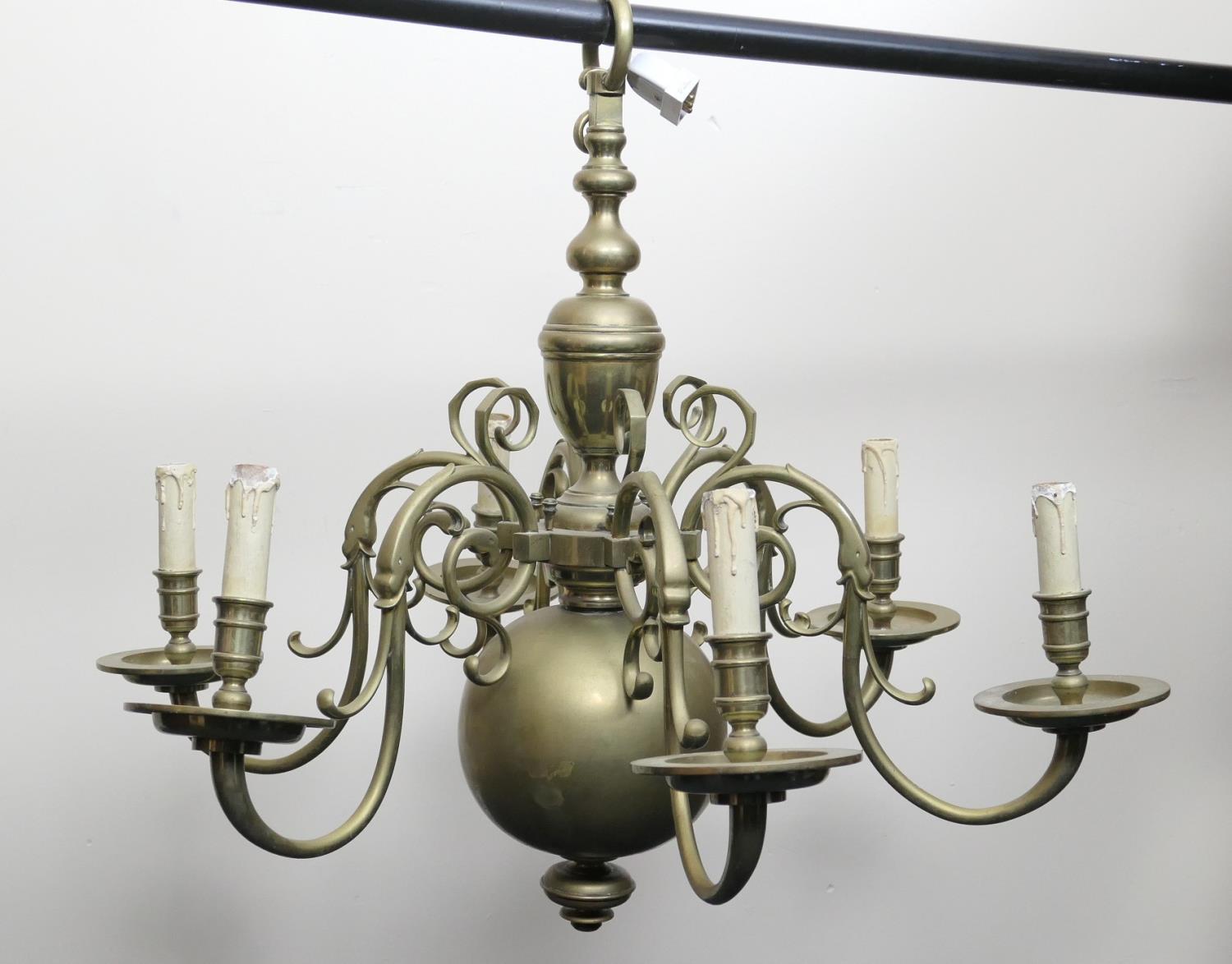 Dutch brass six branch chandelier, 73cm drop, 81cm diameter