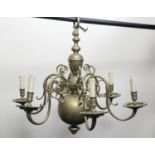 Dutch brass six branch chandelier, 73cm drop, 81cm diameter