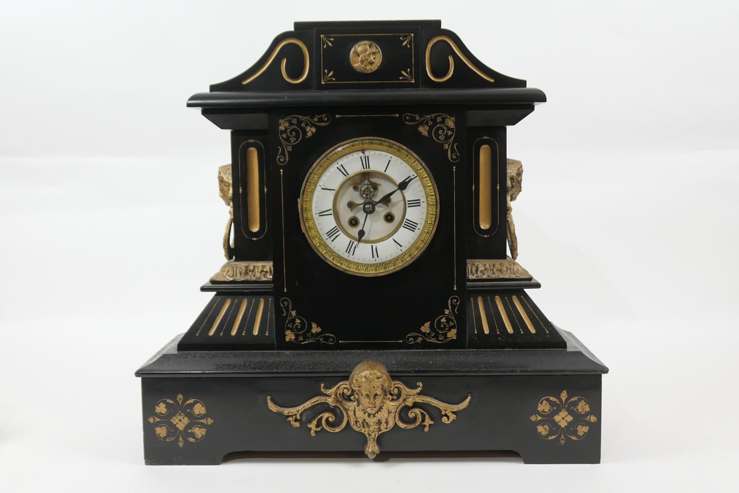 French gilded slate mantel clock, white enamelled dial with Roman numerals and visible brocot