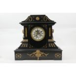 French gilded slate mantel clock, white enamelled dial with Roman numerals and visible brocot